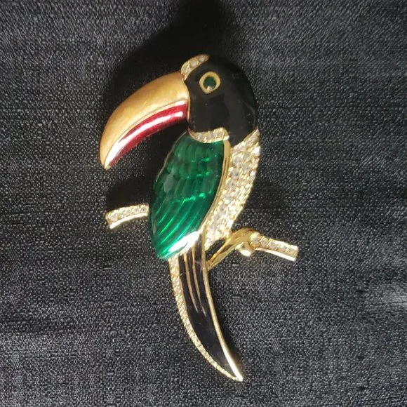 Large Enameled Rhinestone Crystal Toucan Brooch - Picture 1 of 8